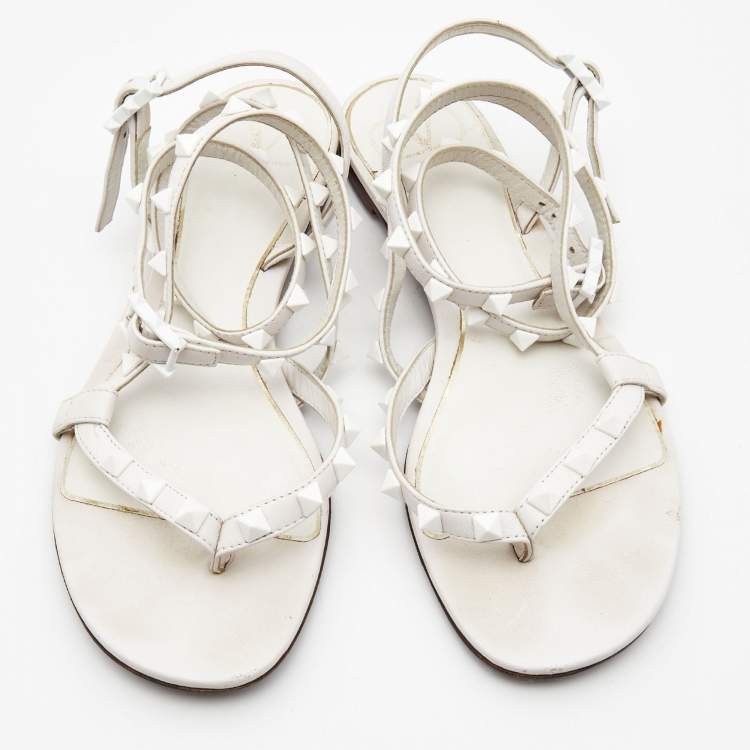 Pre Owned Valentino White Leather Rockstud Ankle Strap Flat Sandals Size 36