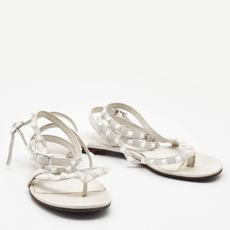 Pre Owned Valentino White Leather Rockstud Ankle Strap Flat Sandals Size 36