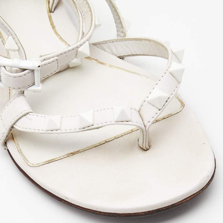Pre Owned Valentino White Leather Rockstud Ankle Strap Flat Sandals Size 36