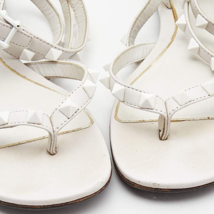 Pre Owned Valentino White Leather Rockstud Ankle Strap Flat Sandals Size 36