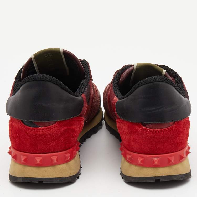 مملوكة مسبقًا Valentino Red Leather and Canvas Rockrunner Low Top Sneakers Size 39.5