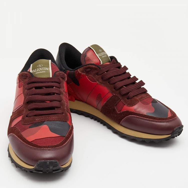 مملوكة مسبقًا Valentino Red Leather and Canvas Rockrunner Low Top Sneakers Size 39.5