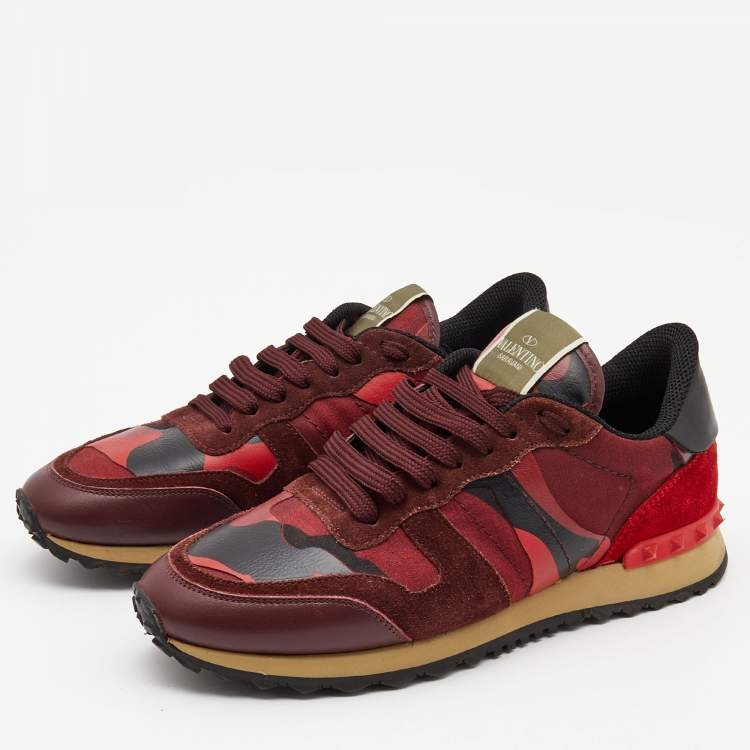 مملوكة مسبقًا Valentino Red Leather and Canvas Rockrunner Low Top Sneakers Size 39.5