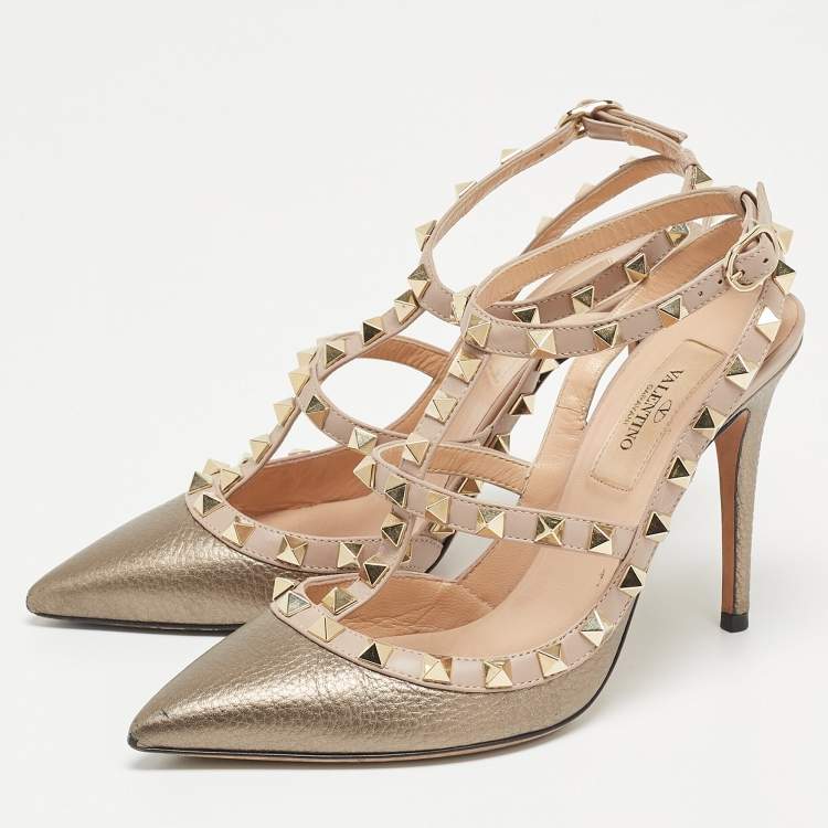 Pre Owned Valentino Metallic Olive Green/Beige Leather Rockstud Ankle Strap Pumps Size 35.5