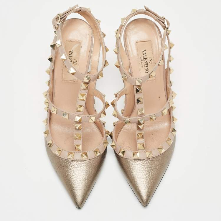 Pre Owned Valentino Metallic Olive Green/Beige Leather Rockstud Ankle Strap Pumps Size 35.5
