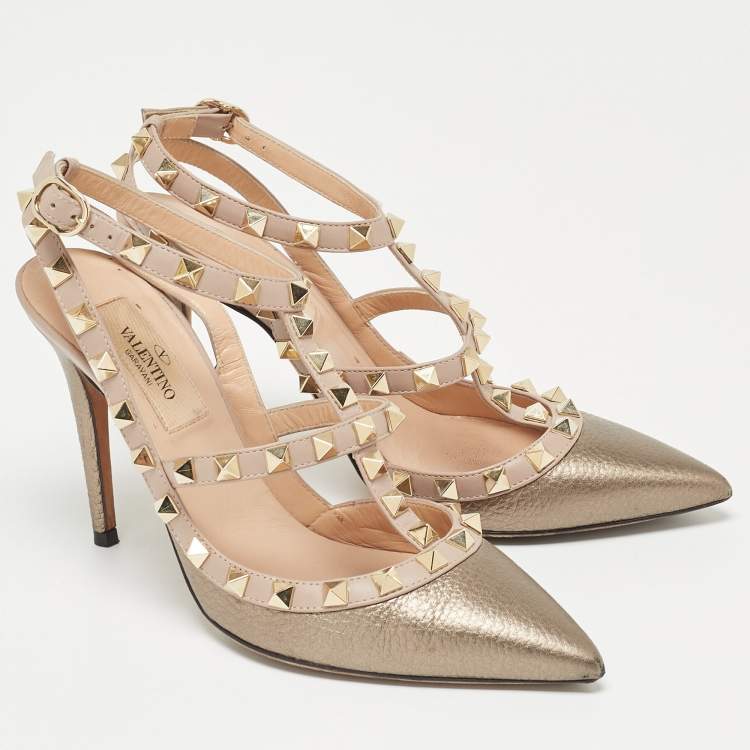 Pre Owned Valentino Metallic Olive Green/Beige Leather Rockstud Ankle Strap Pumps Size 35.5