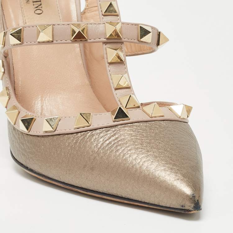 Pre Owned Valentino Metallic Olive Green/Beige Leather Rockstud Ankle Strap Pumps Size 35.5