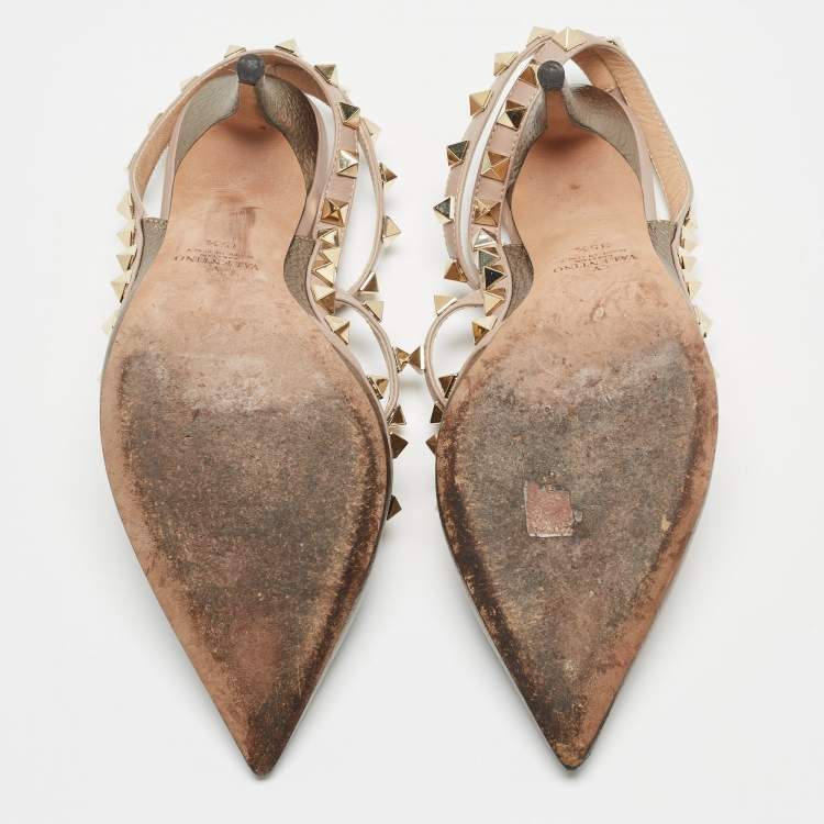 Pre Owned Valentino Metallic Olive Green/Beige Leather Rockstud Ankle Strap Pumps Size 35.5