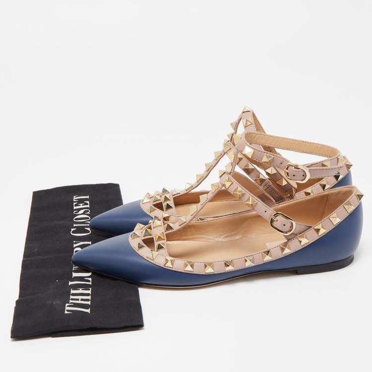 Pre Owned Valentino Blue/Dusty Pink Leather Rockstud Ankle Strap Ballet Flats Size 35