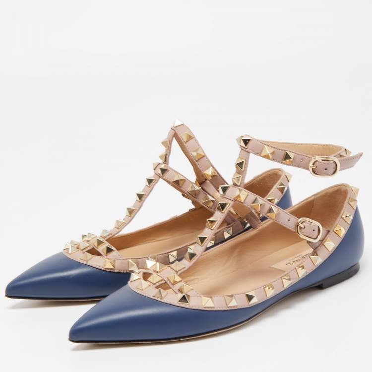 Pre Owned Valentino Blue/Dusty Pink Leather Rockstud Ankle Strap Ballet Flats Size 35