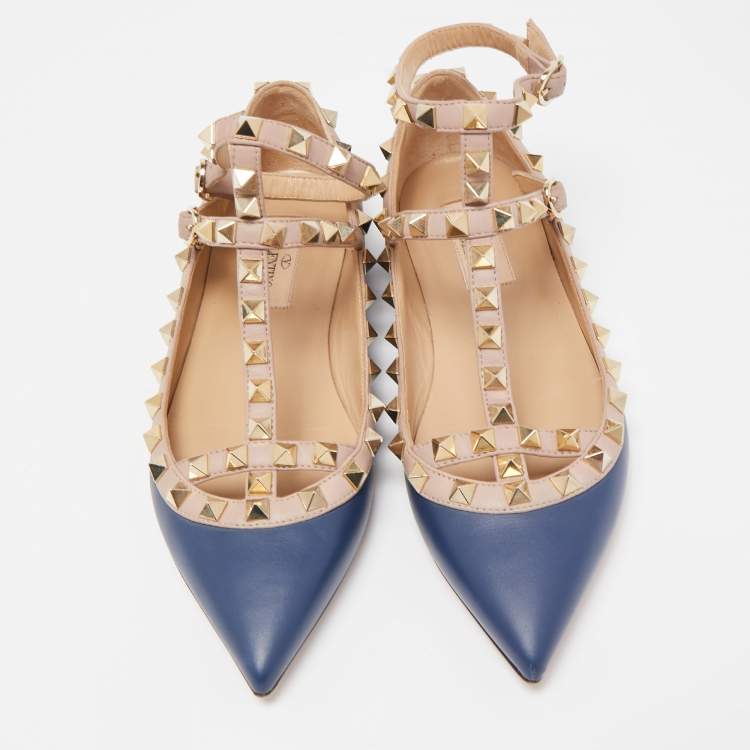 Pre Owned Valentino Blue/Dusty Pink Leather Rockstud Ankle Strap Ballet Flats Size 35