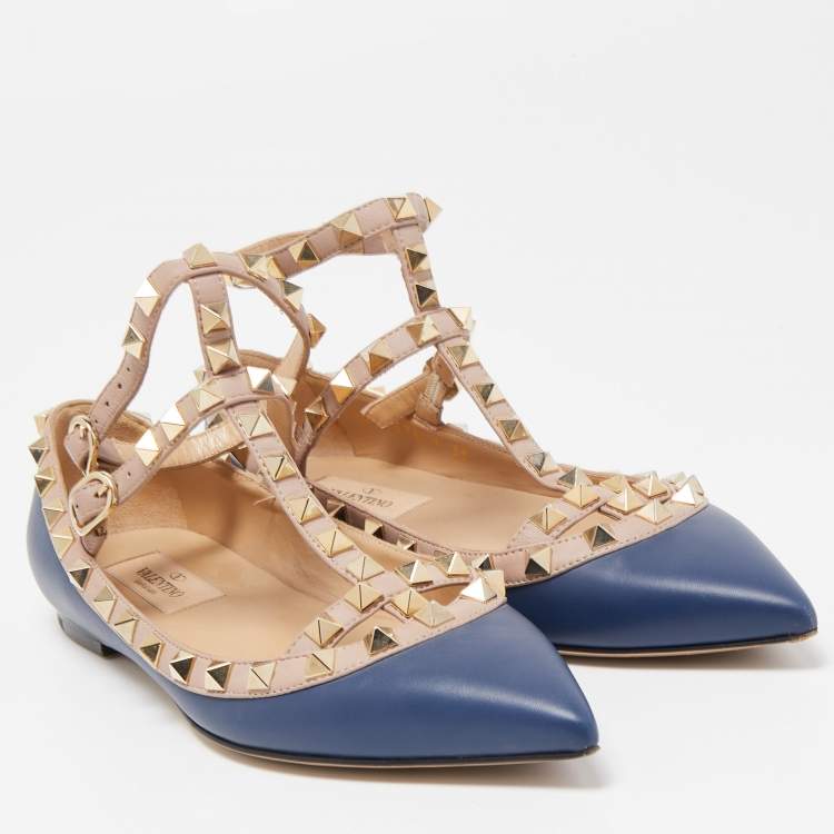 Pre Owned Valentino Blue/Dusty Pink Leather Rockstud Ankle Strap Ballet Flats Size 35