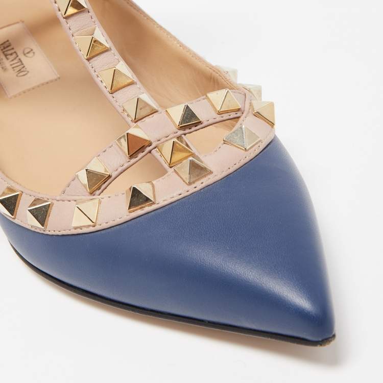 Pre Owned Valentino Blue/Dusty Pink Leather Rockstud Ankle Strap Ballet Flats Size 35
