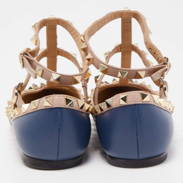 Pre Owned Valentino Blue/Dusty Pink Leather Rockstud Ankle Strap Ballet Flats Size 35