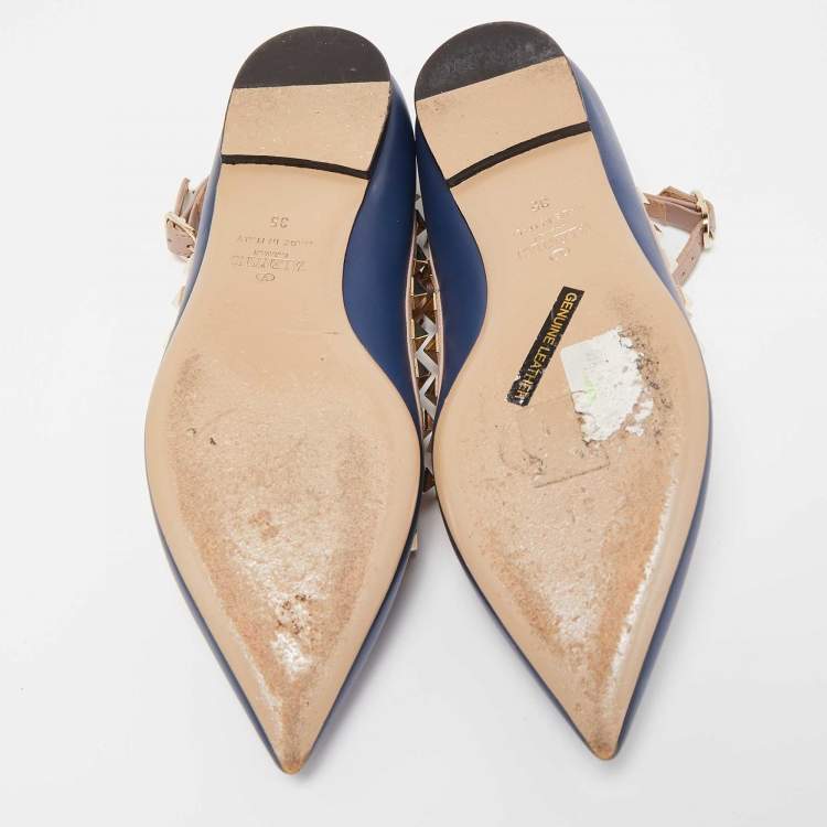 Pre Owned Valentino Blue/Dusty Pink Leather Rockstud Ankle Strap Ballet Flats Size 35