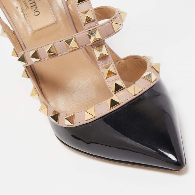 Pre Owned Valentino Black/Beige Patent Leather And Leather Rockstud Ankle Strap Pumps Size 36.5