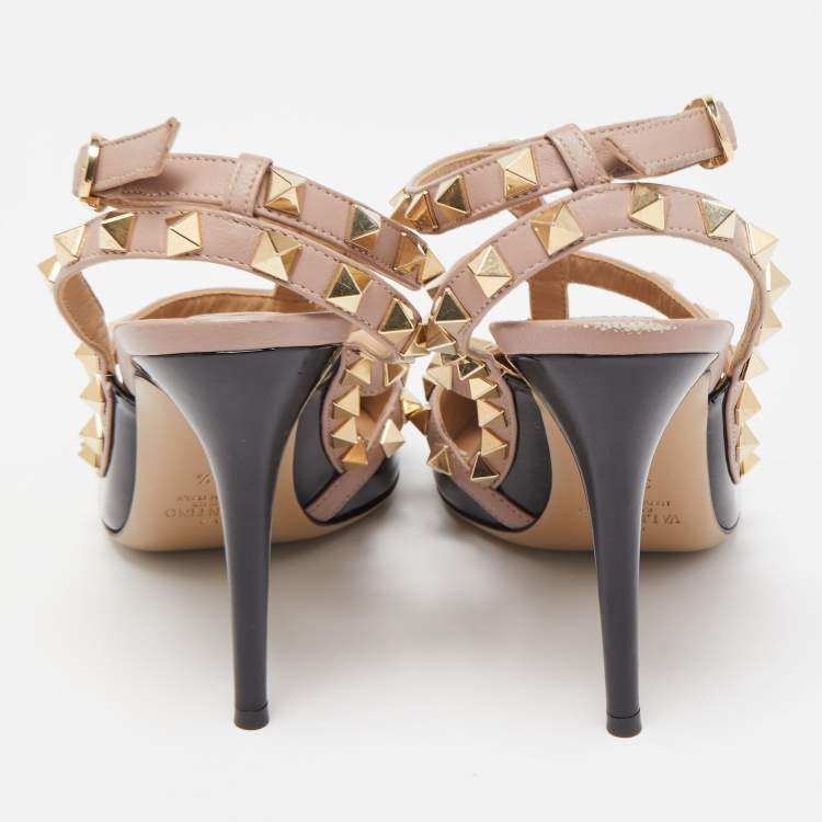 Pre Owned Valentino Black/Beige Patent Leather And Leather Rockstud Ankle Strap Pumps Size 36.5