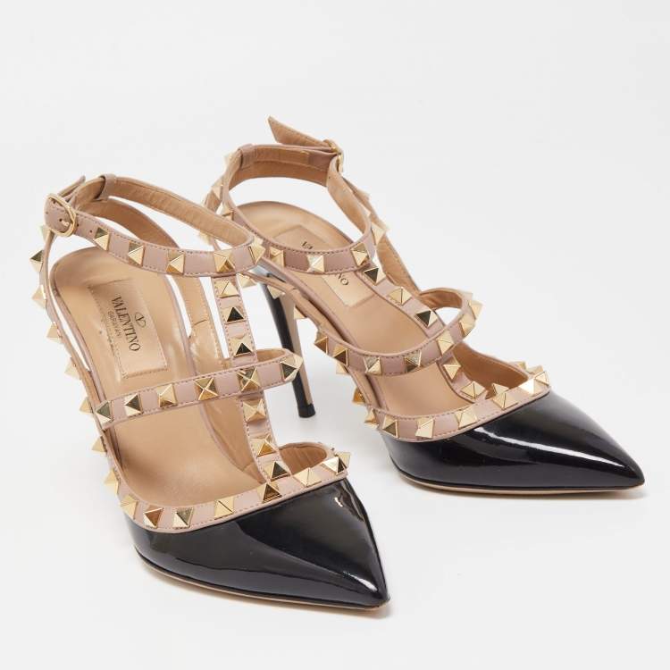 Pre Owned Valentino Black/Beige Patent Leather And Leather Rockstud Ankle Strap Pumps Size 36.5