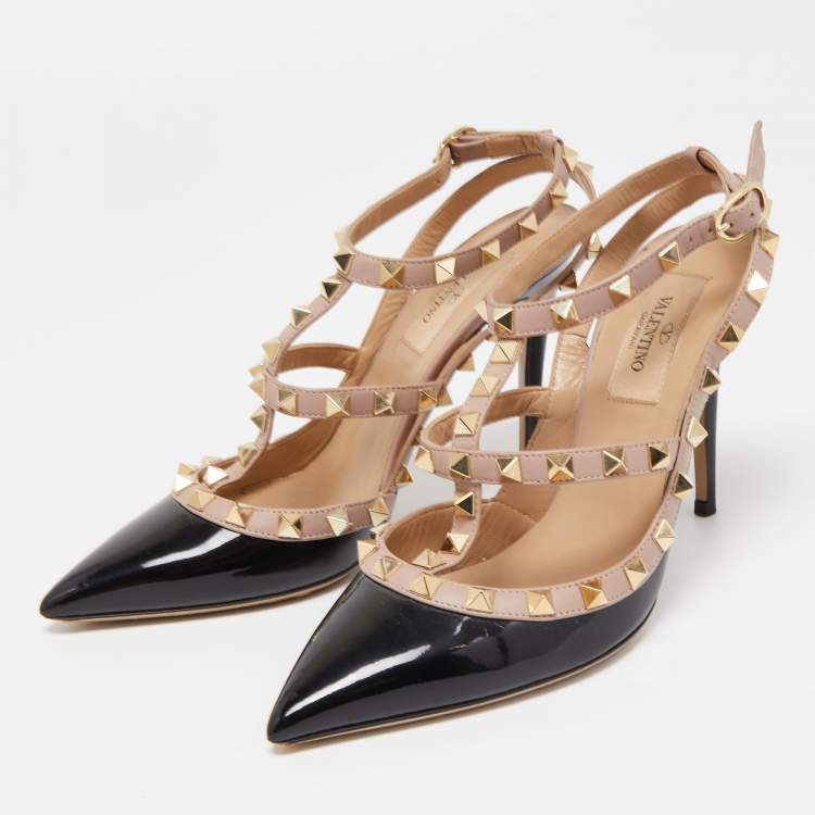 Pre Owned Valentino Black/Beige Patent Leather And Leather Rockstud Ankle Strap Pumps Size 36.5