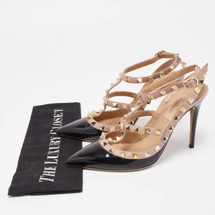 Pre Owned Valentino Black/Beige Patent Leather And Leather Rockstud Ankle Strap Pumps Size 36.5