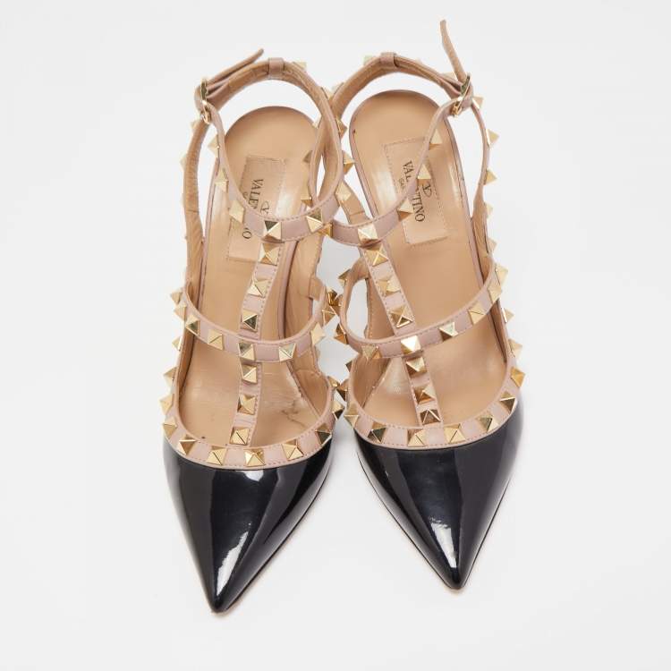 Pre Owned Valentino Black/Beige Patent Leather And Leather Rockstud Ankle Strap Pumps Size 36.5