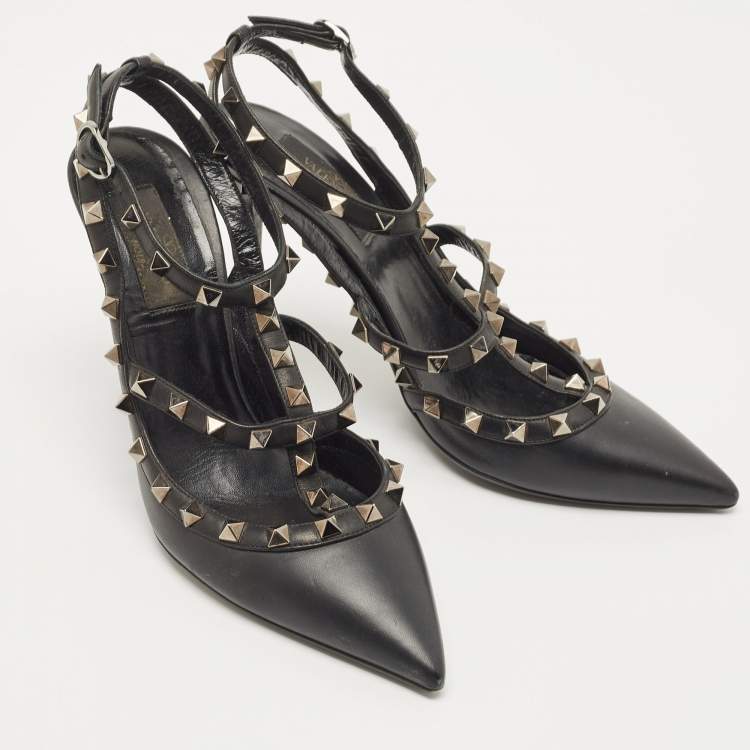 Pre Owned Valentino Black Leather Rockstud  Pumps Size 38.5