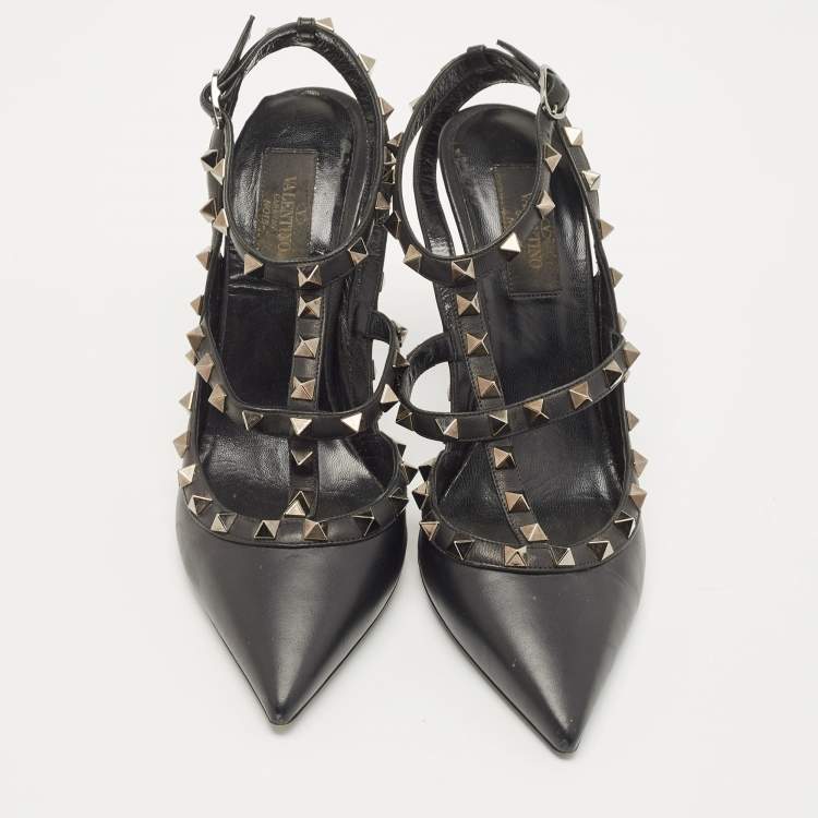 Pre Owned Valentino Black Leather Rockstud  Pumps Size 38.5