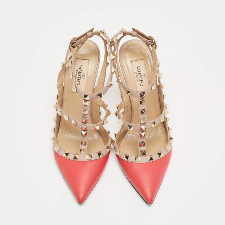 مملوكة مسبقًا Valentino Pink Leather Rockstud Strappy Pointed Toe Pumps Size 36.5
