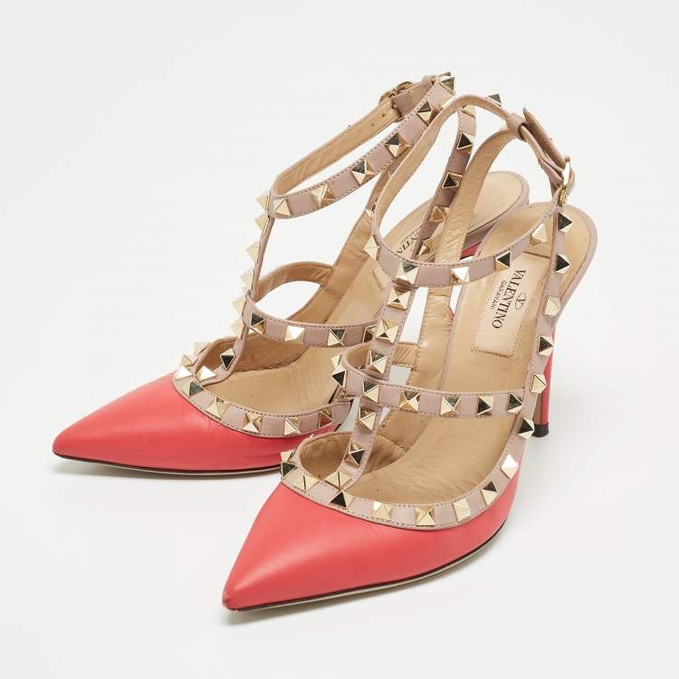 مملوكة مسبقًا Valentino Pink Leather Rockstud Strappy Pointed Toe Pumps Size 36.5