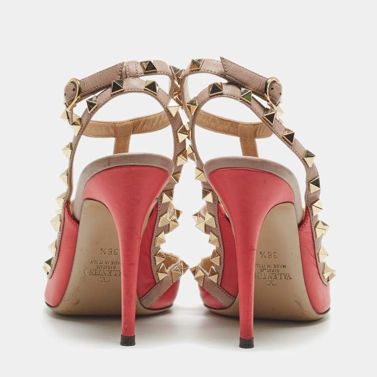 مملوكة مسبقًا Valentino Pink Leather Rockstud Strappy Pointed Toe Pumps Size 36.5