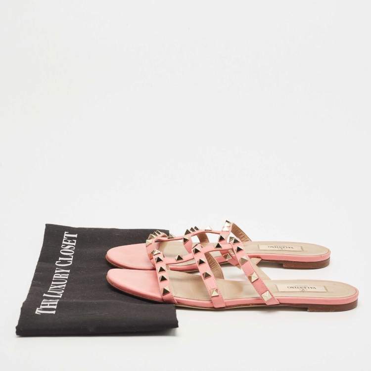 Pre Owned Valentino Pink Leather Rockstud Flat Slides Size 39