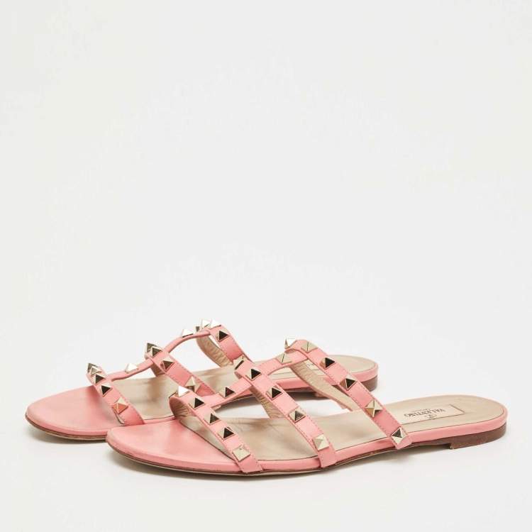 Pre Owned Valentino Pink Leather Rockstud Flat Slides Size 39