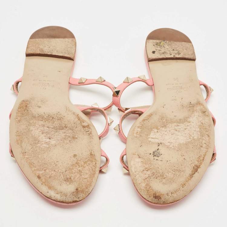 Pre Owned Valentino Pink Leather Rockstud Flat Slides Size 39
