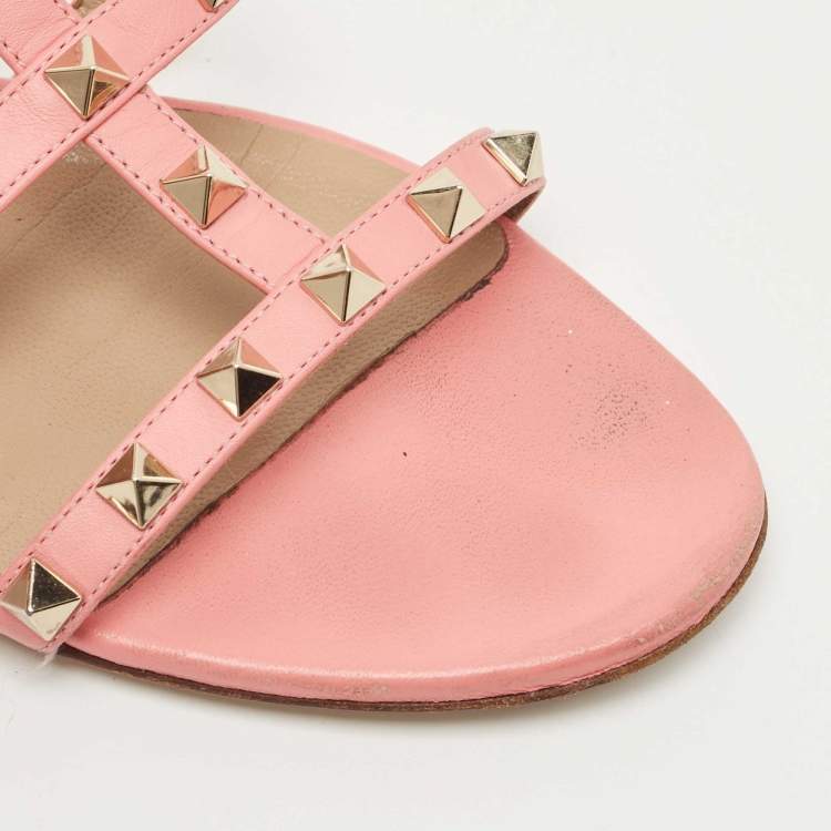 Pre Owned Valentino Pink Leather Rockstud Flat Slides Size 39