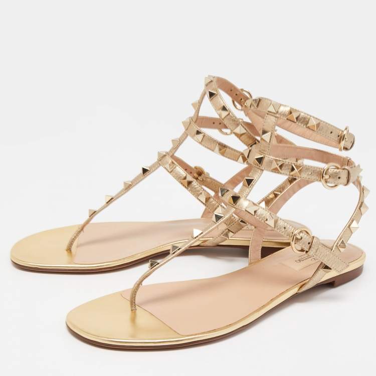 Pre Owned Valentino Metallic Gold Leather Rockstud Thong Flats Size 38.5