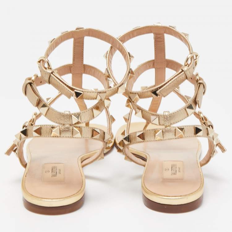 Pre Owned Valentino Metallic Gold Leather Rockstud Thong Flats Size 38.5