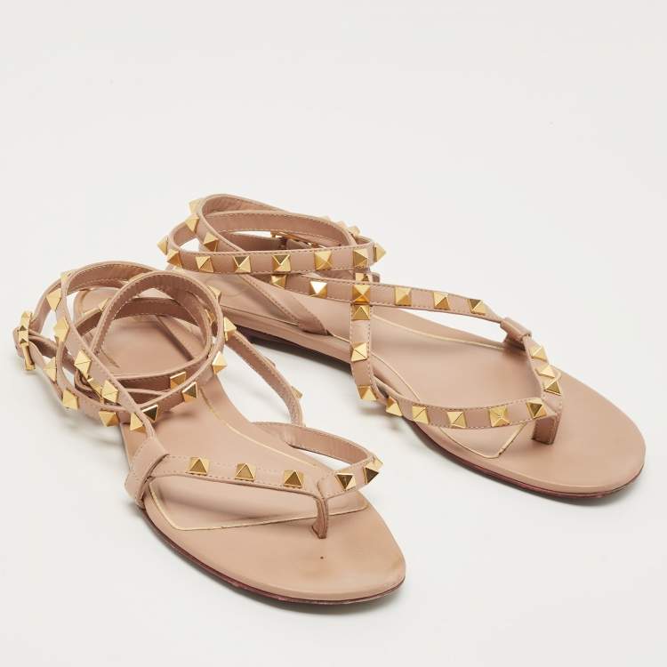 Pre Owned Valentino Beige Leather Rockstud Ankle Strap Flats Size 38