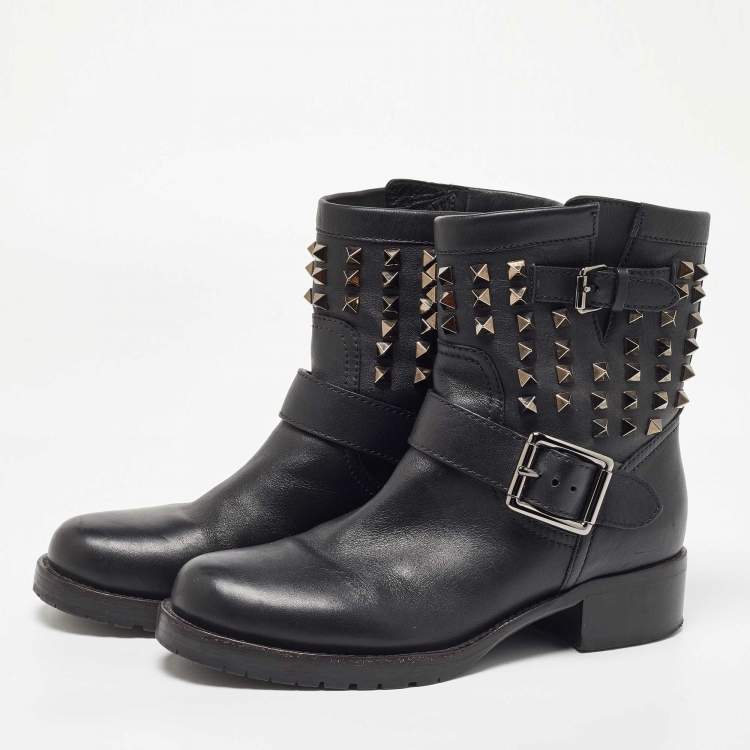 Pre Owned Valentino Black Leather Rockstud Ankle Boots Size 37