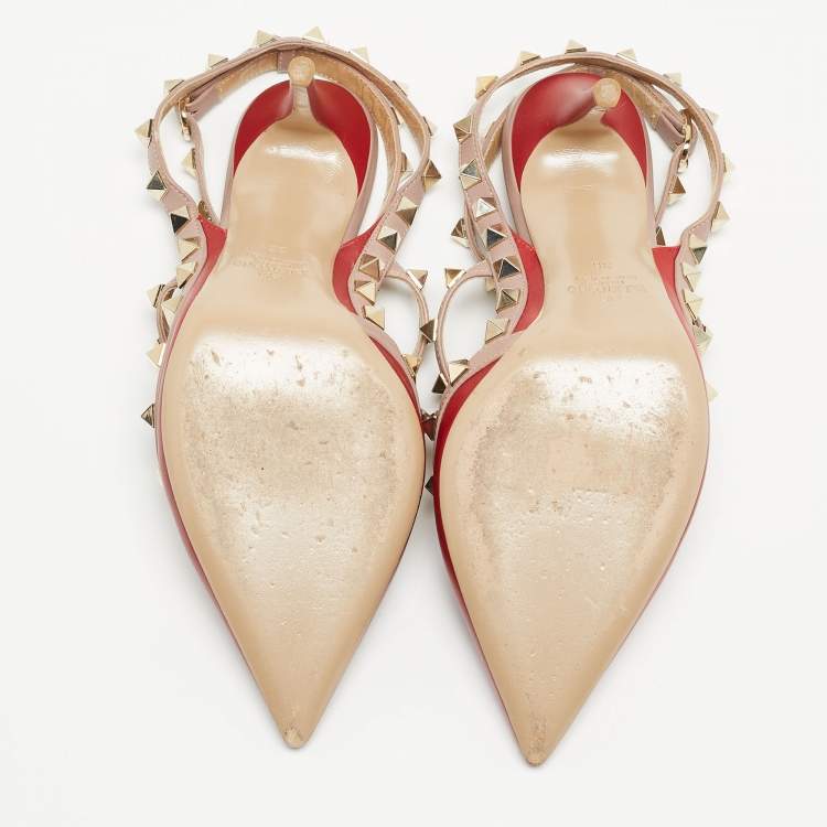 Pre Owned Valentino Red/Beige Leather Rockstud Pumps Size 36