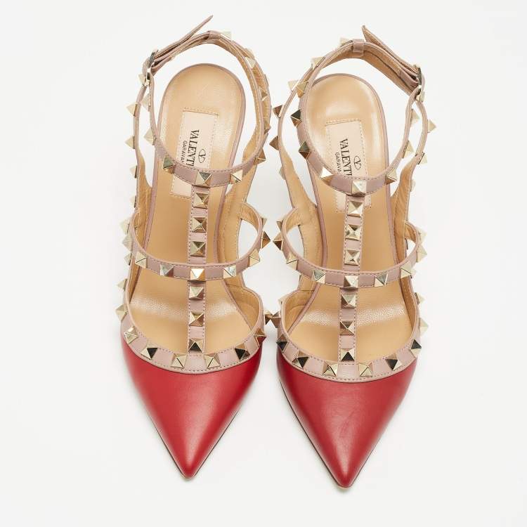 Pre Owned Valentino Red/Beige Leather Rockstud Pumps Size 36