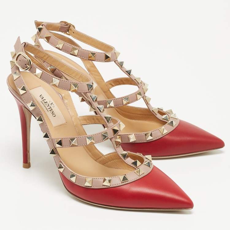 Pre Owned Valentino Red/Beige Leather Rockstud Pumps Size 36