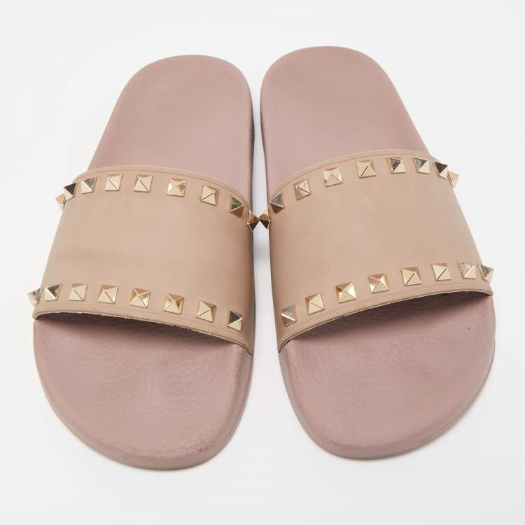 Pre Owned Valentino Pink Rubber Rockstud Flat Slides Size 40