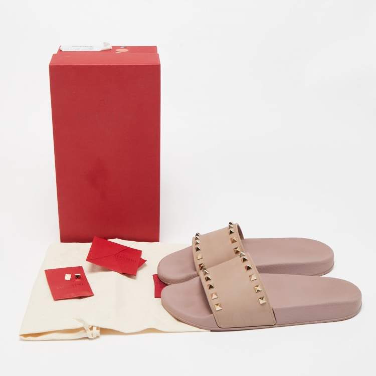 Pre Owned Valentino Pink Rubber Rockstud Flat Slides Size 40