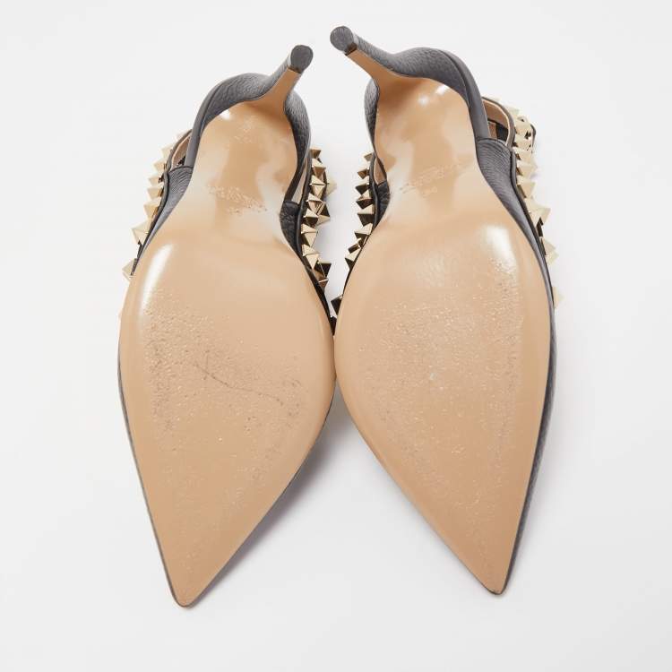 Pre Owned Valentino Black Grained Leather Rockstud Ankle Strap Pumps Size 34