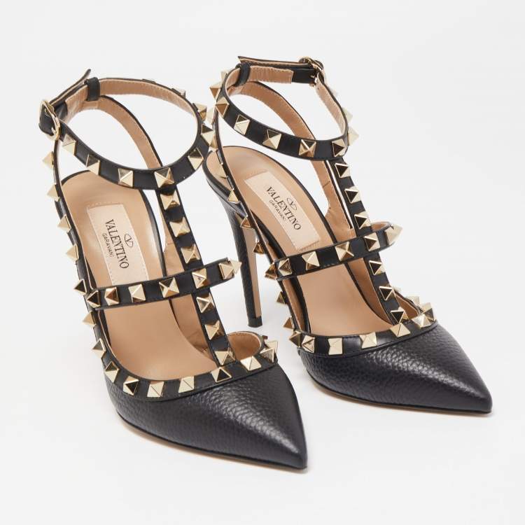 Pre Owned Valentino Black Grained Leather Rockstud Ankle Strap Pumps Size 34