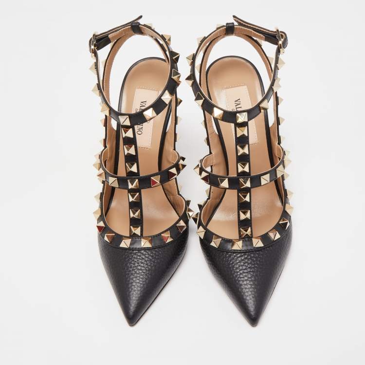 Pre Owned Valentino Black Grained Leather Rockstud Ankle Strap Pumps Size 34