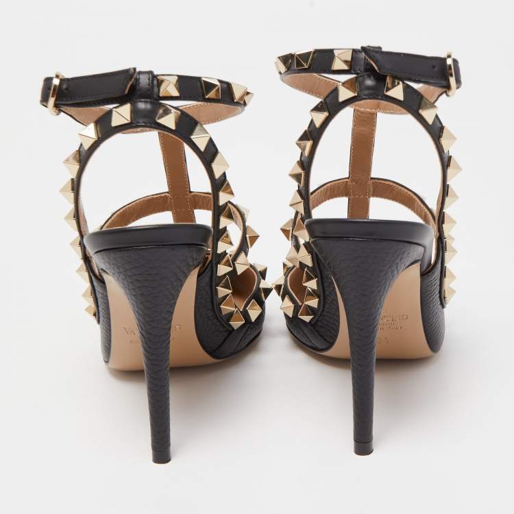 Pre Owned Valentino Black Grained Leather Rockstud Ankle Strap Pumps Size 34