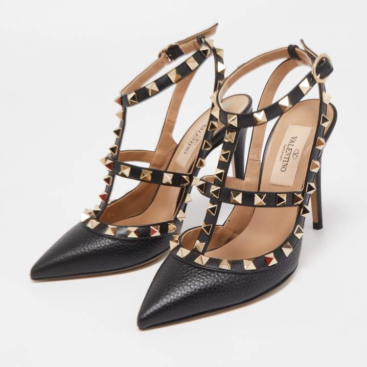 Pre Owned Valentino Black Grained Leather Rockstud Ankle Strap Pumps Size 34