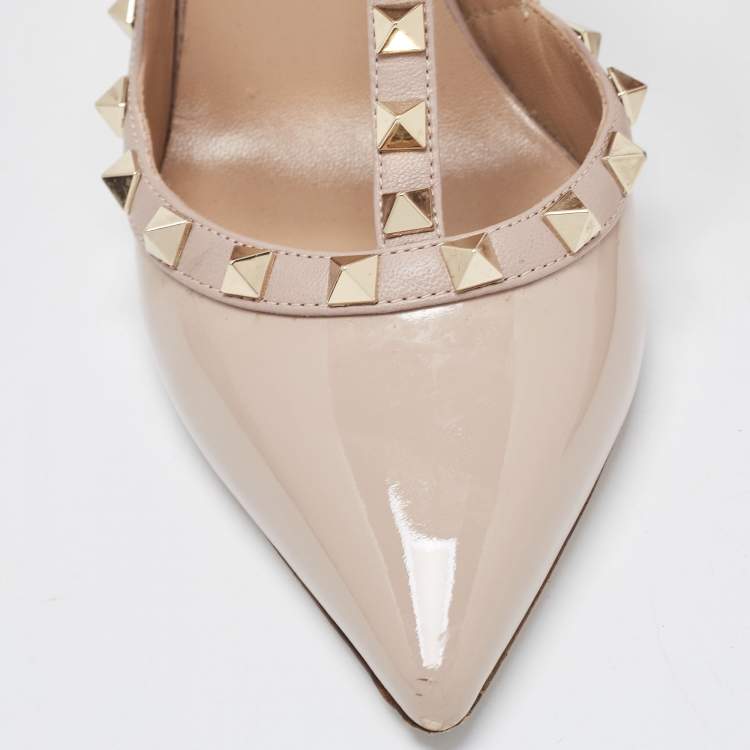 Pre Owned Valentino Dusty Pink Patent Leather Rockstud Ankle Strap Pumps Size 39.5