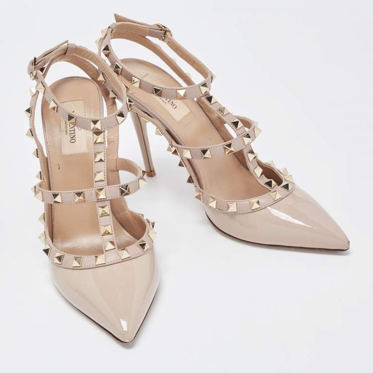 Pre Owned Valentino Dusty Pink Patent Leather Rockstud Ankle Strap Pumps Size 39.5